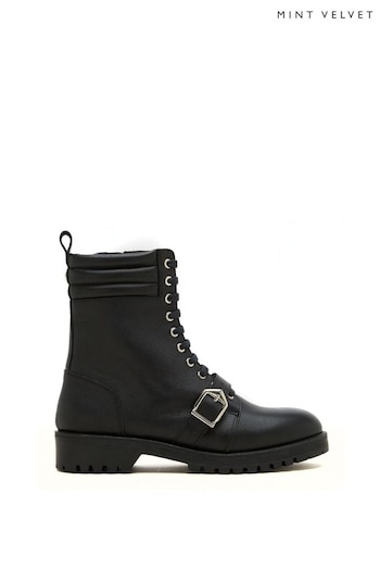 Mint Velvet Black Leather Biker Boots (T68290) | £159