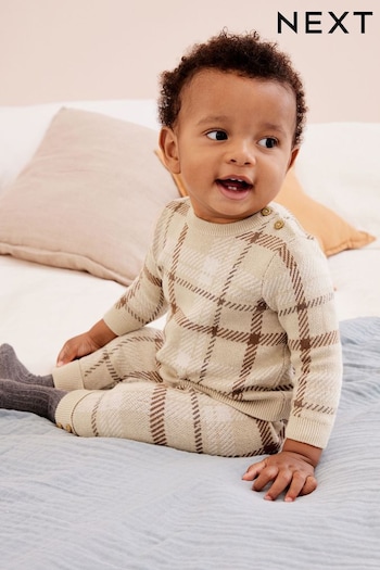 Brown Check Knitted Baby 2 Piece Set (0mths-2yrs) (T68299) | £20 - £22