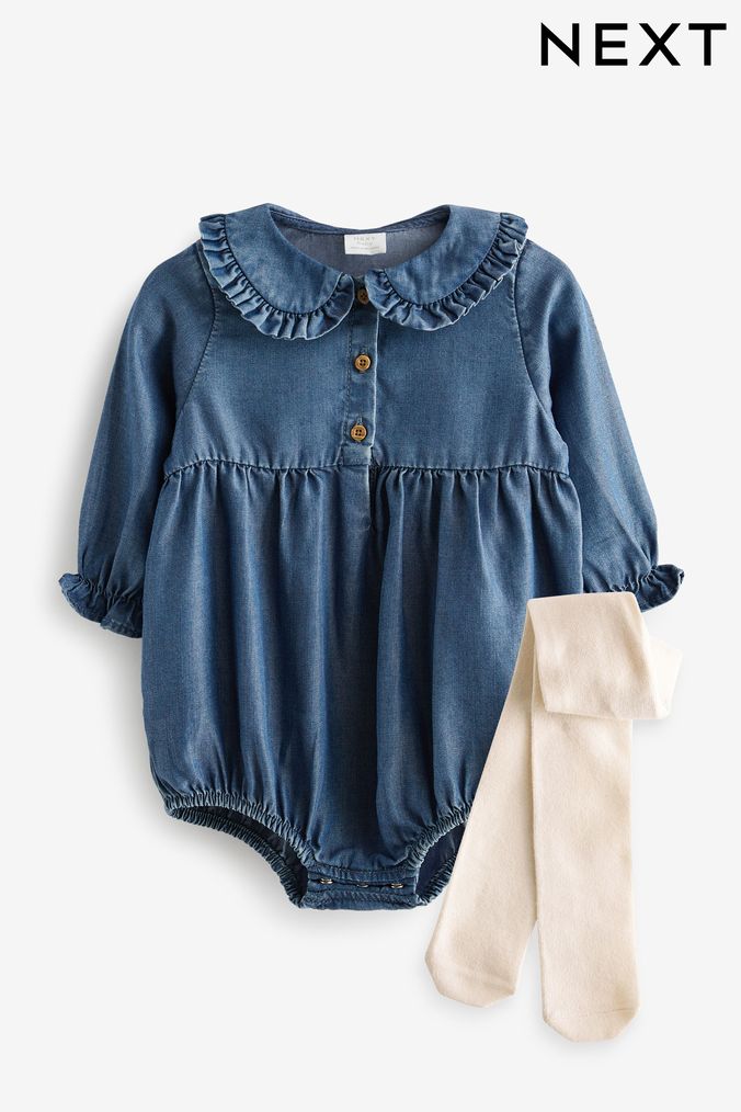 Denim Blue Baby Woven Bloomer Romper with Tight Set (0mths-3yrs) (T68867) | £18 - £20