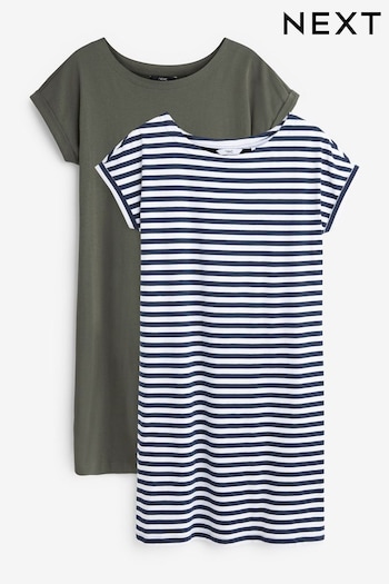 Khaki/Navy Blue White Stripe 2 Pack Cotton Relaxed Fit Cap Sleeve Tunic Dresses (T68893) | £26