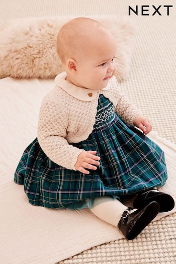 Green Baby Woven flattering Dress And Cardigan Set With Tights (0mths-2yrs) (T69062) | £34 - £36