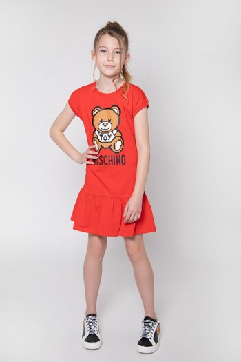 Girls Cotton Teddy Toy Logo Dress in Red (T69442) | £18 - £19.50