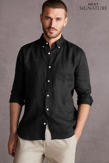 Black Standard Collar Signature 100% Linen Long Sleeve Shirt (T69631) | £38