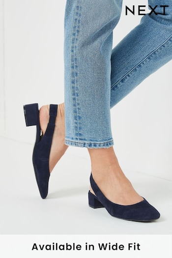 Navy Blue Regular/Wide Fit Forever Comfort® Leather Slingback Low Block Heels (T70909) | £42