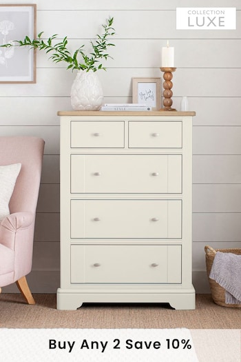 Chalk White Hampton Painted Oak Collection Luxe 5 Drawer Tall Chest of Drawers (T71388) | £750