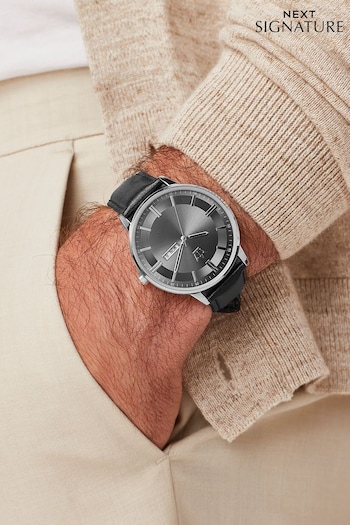 Black/Pewter Classic Signature Watch With Leather Strap (T71678) | £40