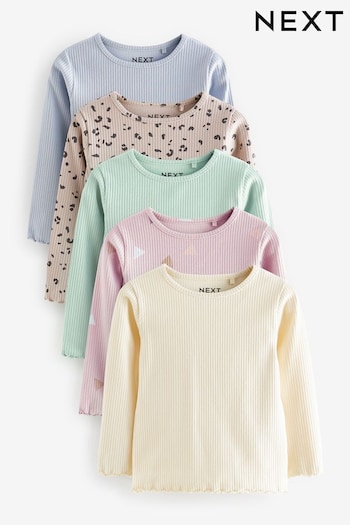 Blue Neutral Ditsy 5 Pack Long Sleeve Rib Jersey Tops (3mths-7yrs) (T72679) | £23 - £27