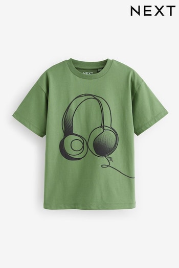 Green Linear Headphones Relaxed Fit Short Sleeve Graphic T-Shirt (3-16yrs) (T73019) | £5 - £9