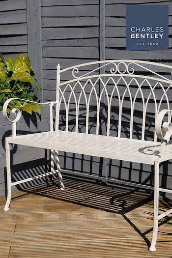 Charles Bentley Antique White Outdoor Wrought Iron Bench (T73226) | £160