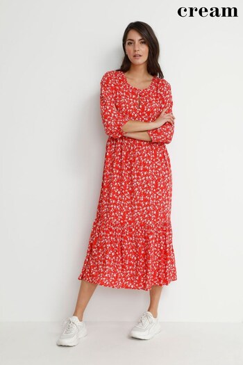 Cream Red Daisy Flounce 3/4 Sleeve Dress (T73590) | £90