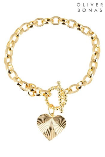 Oliver Bonas Womens Gold Plated Brass Adelaide Chunky Chain & Heart Charm Bracelet (T73628) | £75