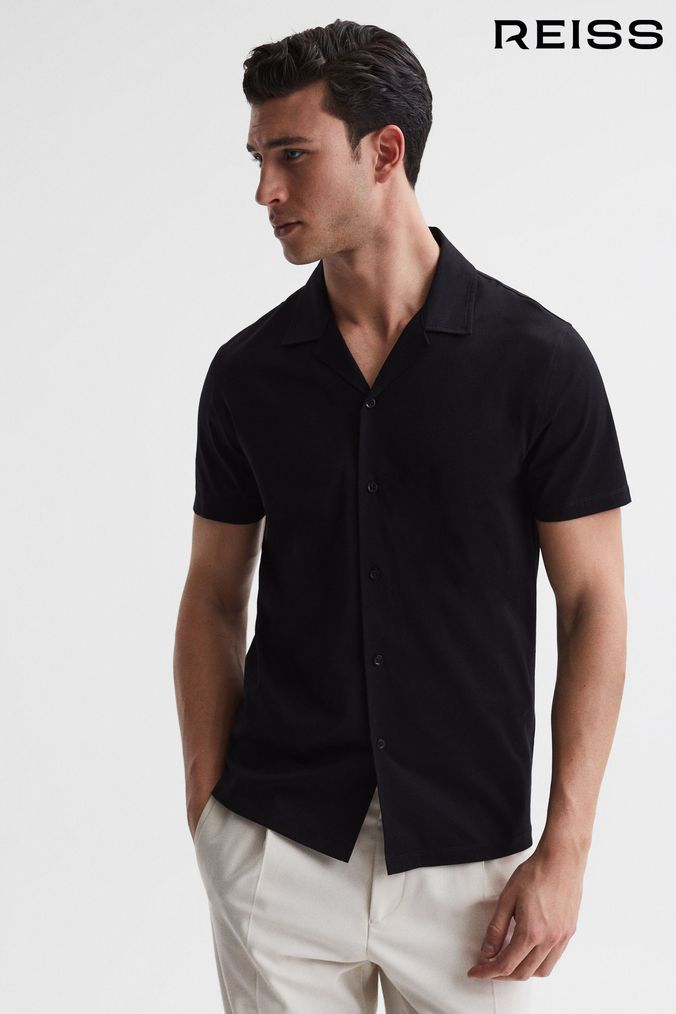 Reiss Black Caspa Mercerised Cotton Jersey Cuban Collar Shirt (T74483) | £68