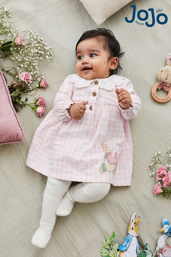 JoJo Maman Bébé Pink Peter Rabbit Gingham Appliqué Dress neri & Tights Set (T75688) | £29.50