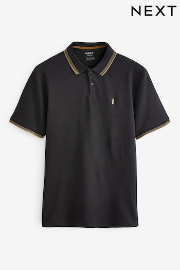 Black/Gold Tipped Regular Fit Polo striped-trim Shirt (T76187) | £20