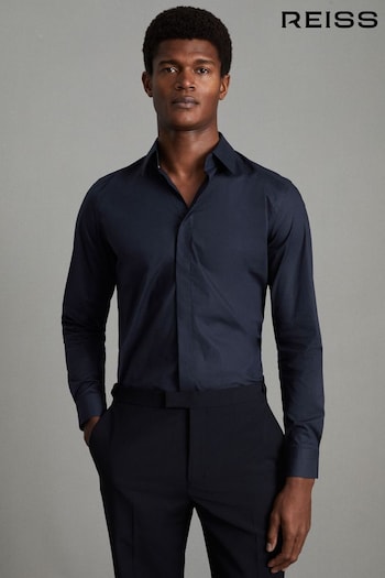 Reiss Navy Kiana Slim Fit Cotton Blend Shirt (T76231) | £88