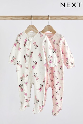 Cream/Pink Fairy 2 Pack Zip Baby Sleepsuits (0-2yrs) (T76480) | £17 - £19