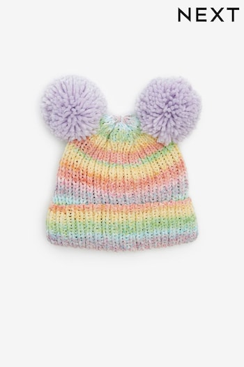 Rainbow Stripe Double Pom Pom Beanie Hat (3mths-6yrs) (T76567) | £7 - £8
