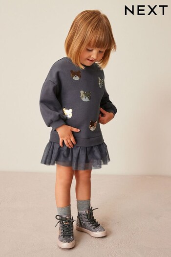 Charcoal Grey 2-In-1 Sequin Sweatshirt Party Dress (3mths-7yrs) (T76811) | £14 - £16