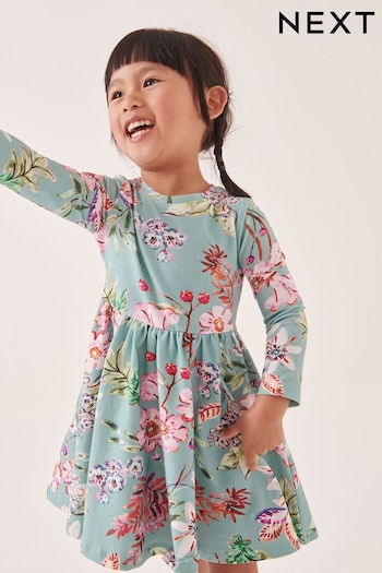 Teal Floral Cotton Elastane Jersey Dress (3mths-7yrs) (T76903) | £7 - £9