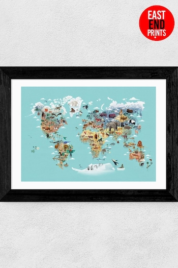East End Prints Blue World Map of Animals By Dieter Braun (T77085) | £47 - £132