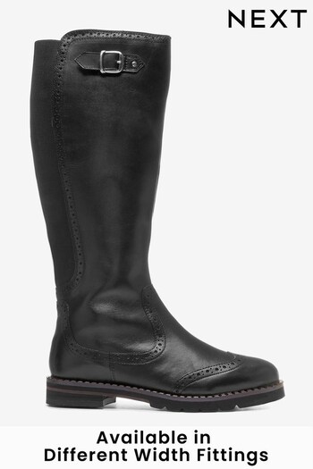 Black Extra Wide Fit Forever Comfort® Leather Brogue Detail Knee High Boots (T77177) | £99