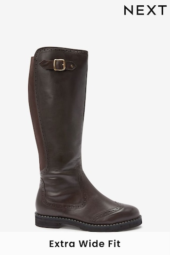 Chocolate Brown Extra Wide Fit Forever Comfort® Leather Brogue Detail Knee High Boots (T77202) | £99