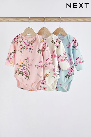Pink and Blue Floral Baby Long Sleeve Bodysuits 3 Pack (T77299) | £14 - £16