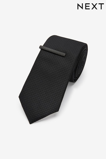 Black Slim Textured Tie And Clip (T79824) | £14