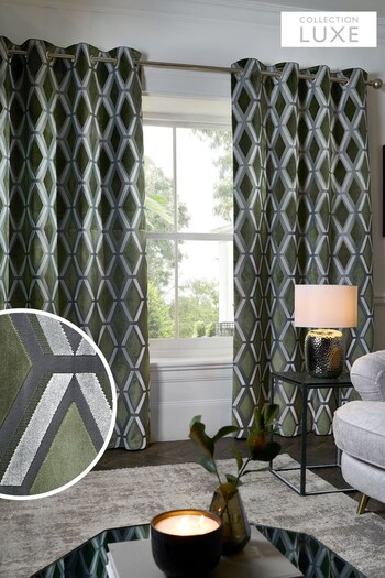Olive Green Collection Luxe Heavyweight Geometric Cut Velvet Eyelet Lined Curtains (T82970) | £175 - £350