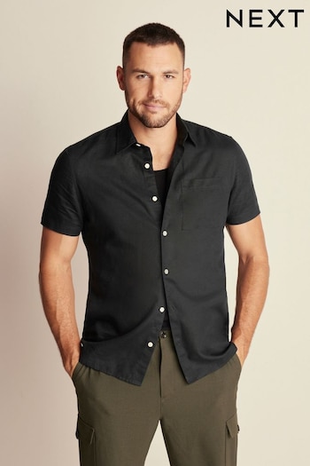 Black Standard Collar Linen Blend Short Sleeve Shirt (T83001) | £28