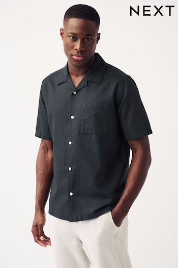 Black Cuban Collar Linen Blend Short Sleeve Shirt (T83002) | £28