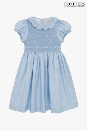 Trotters London Blue Willow Rose Hand Smocked Dress (T84141) | £78 - £94