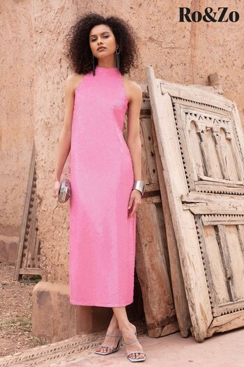 Ro&Zo Pink Sequin Halter Midi Dress (T85170) | £129