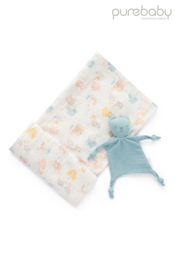 Purebaby Blue Little Nap Bear Muslin Comforter & Wrap Set (T85827) | £28