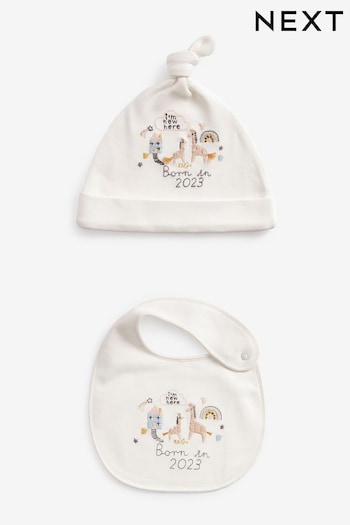 White Born In 2023 Baby Hat And Bib Set (0-12mths) (T85876) | £5.50