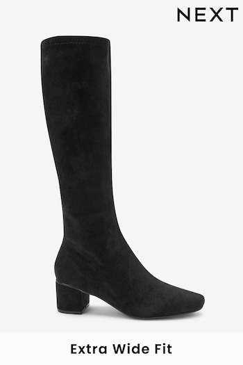 Black Extra Wide Fit Forever Comfort Sock Block Heel Knee High Boots (T86639) | £65