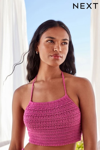 Magenta Pink Crochet Knitted Halter Top (T86685) | £24