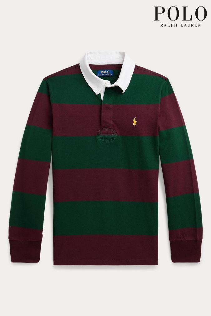 Polo Ralph Lauren Boys Green Striped Logo Rugby Shirt (T87769) | £79 - £89