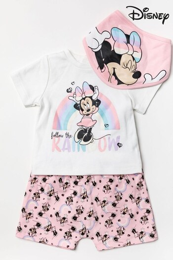Disney Pink Minnie Mouse Rainbow Top, Shorts And Bib Set (T90132) | £9