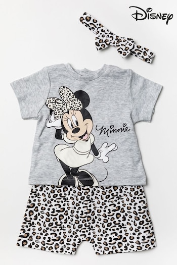 Disney Grey Minnie Mouse Leopard Top, Short And Headband Set (T90139) | £16
