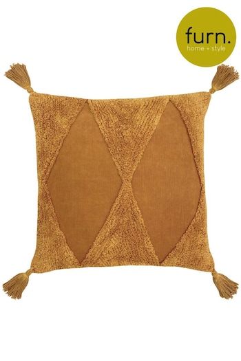 furn. Ginger Brown Kantha Cotton Tassel Corduroy Cushion (T91616) | £18
