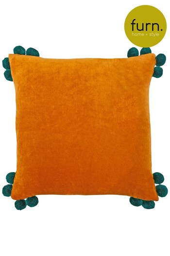 furn. Orange Hoola Cotton Velvet Pom Pom Cushion (T91626) | £30