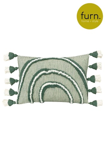 furn. Sage Green Rainbow Cotton Tufted Tasselled Cushion (T91713) | £17