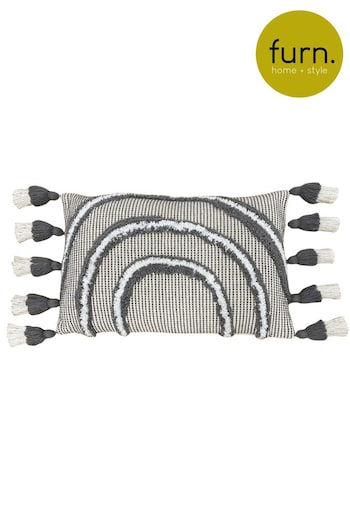 furn. Grey Rainbow Cotton Tufted Tasselled Cushion (T91714) | £17