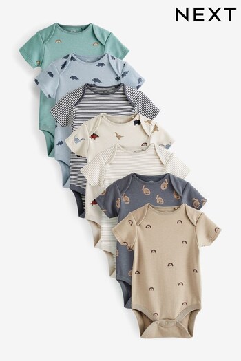 Blue Dinosaur 7 Pack Short Sleeve Baby Bodysuits (T93478) | £19 - £23