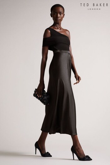 Ted Baker Ivena Black Asymmetric Knit Bodice Satin Skirt Dress (T95179) | £195
