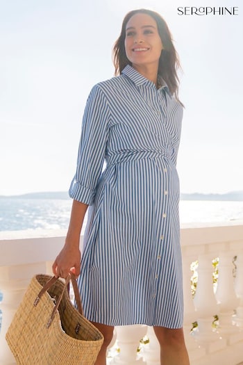 Seraphine Blue Stripe Cotton And Lyocell Maternity And Nursing Tall Shirt Dress (T95240) | £75