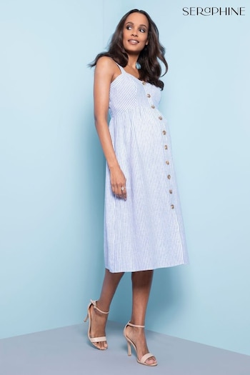 Seraphine Blue Pinstripe Linen And Cotton Midi Maternity And Nursing Dress (T95241) | £69