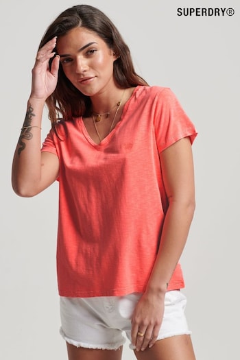 Superdry Neon Pink Slub Embroidered V-Neck T-Shirt (T95264) | £20
