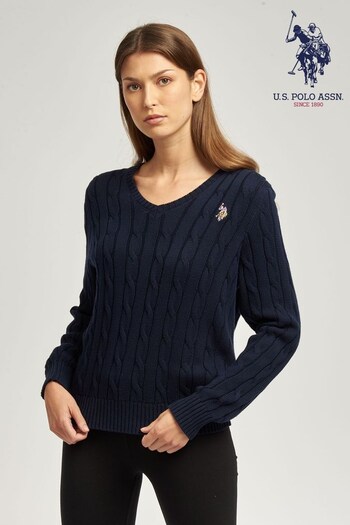 U.S. Polo Assn. Womens Blue V-Neck Cable Jumper (T98266) | £60
